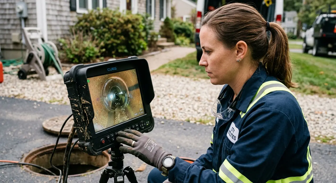 Technician reviewing sewer camera inspection footage in Lawrenceville