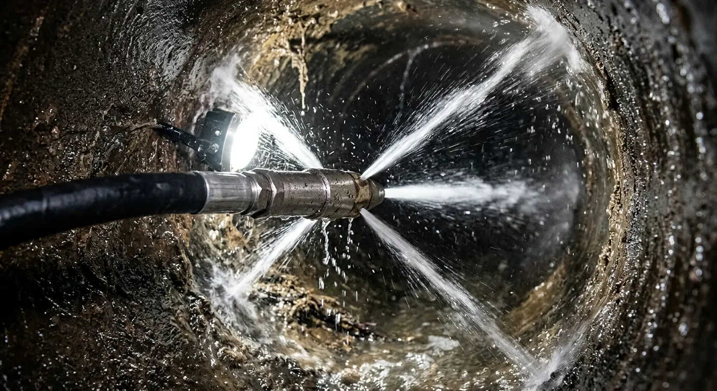 High-pressure hydro jetting nozzle cleaning sewer pipe for Emergency Drain Service in Lawrenceville