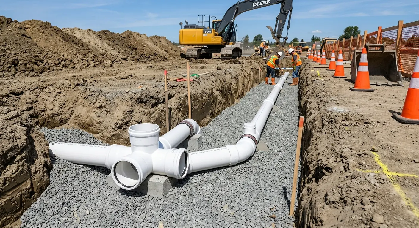 New PVC sewer pipe installation in open trench for Sewer Backup in Lawrenceville