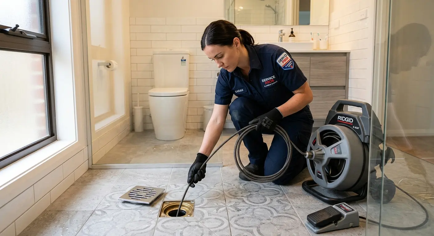 Technician clearing a bathroom floor drain for Drain Repair in Lawrenceville